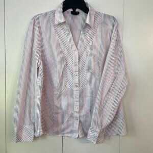 Size 18 Collared Button-up Blouse with Ruching, Pink and Black Stripes, East 5th